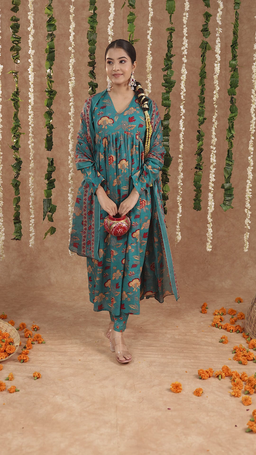 Seagreen mul cotton anarkali suit