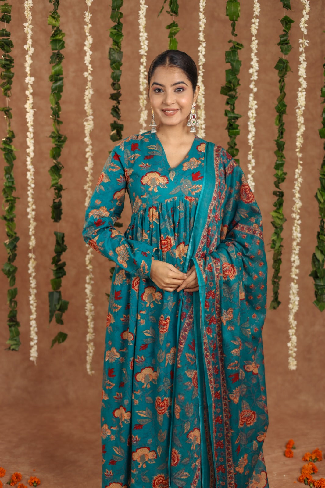 Seagreen mul cotton anarkali suit