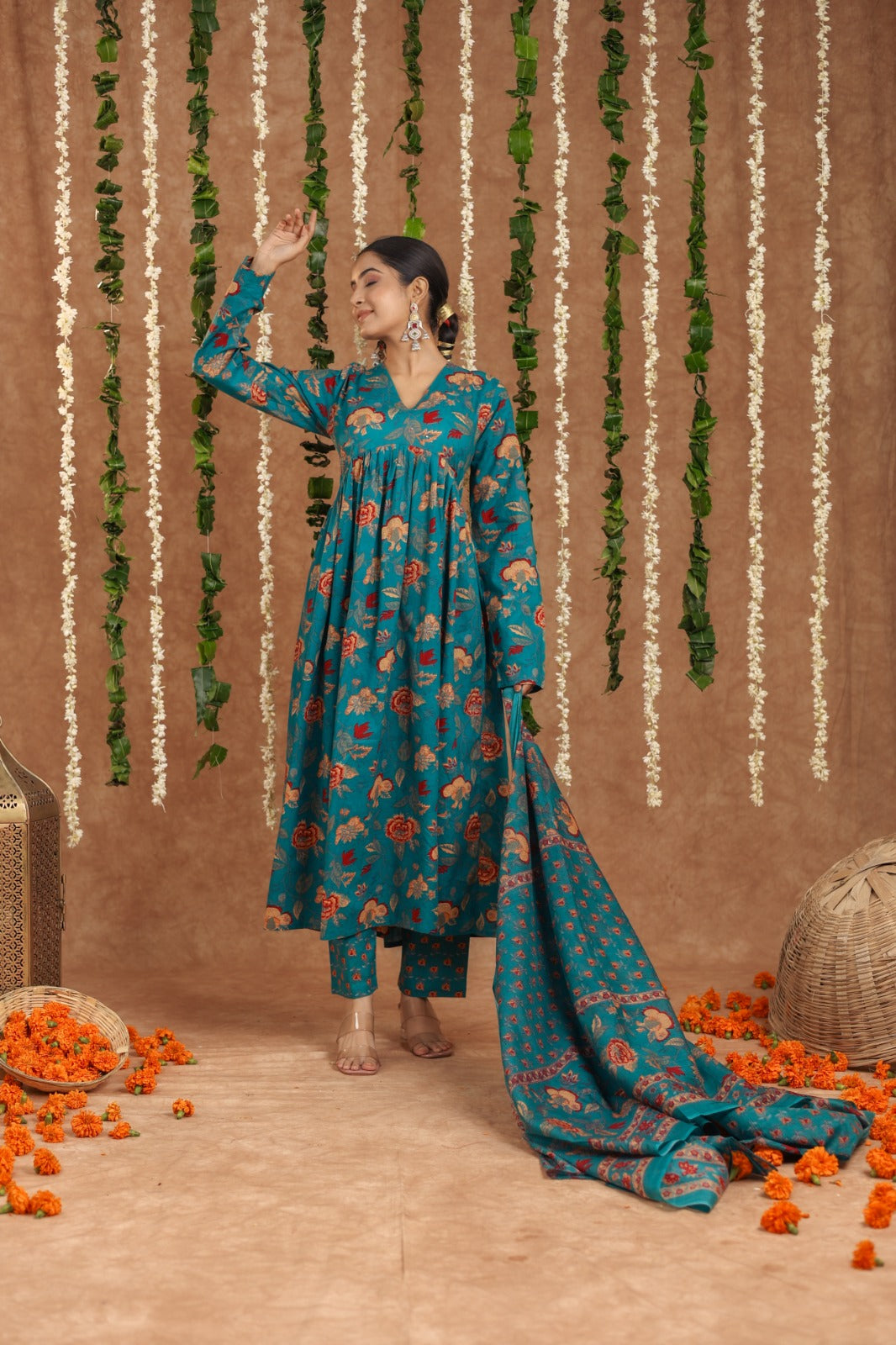 Seagreen mul cotton anarkali suit