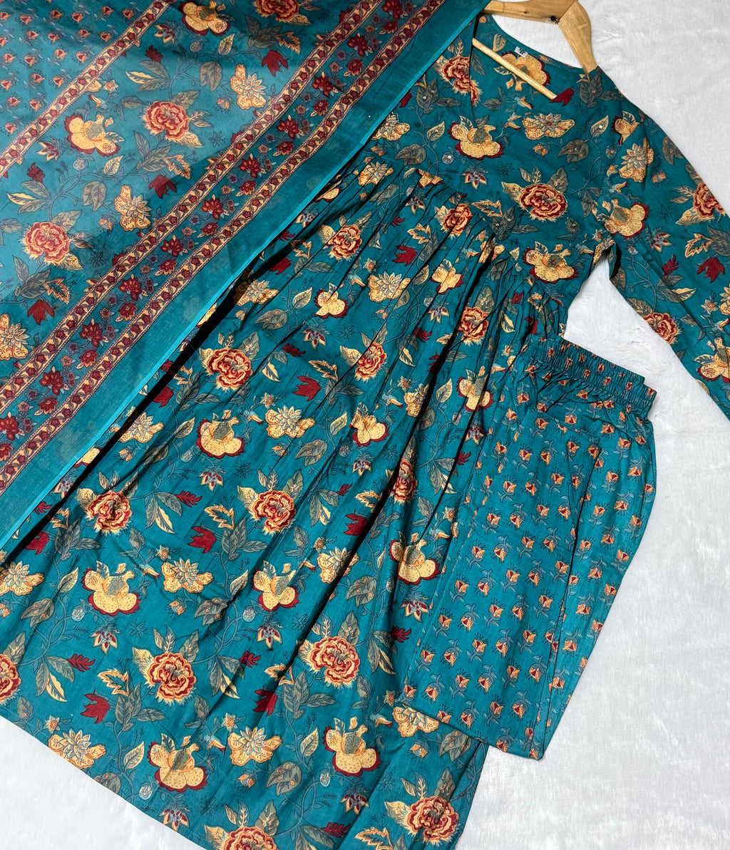 Seagreen mul cotton anarkali suit